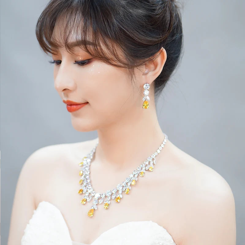 Luxury Tassel Drop Chunky Cubic Zirconia Wedding Party Bride Necklace and Earring Jewelry Sets