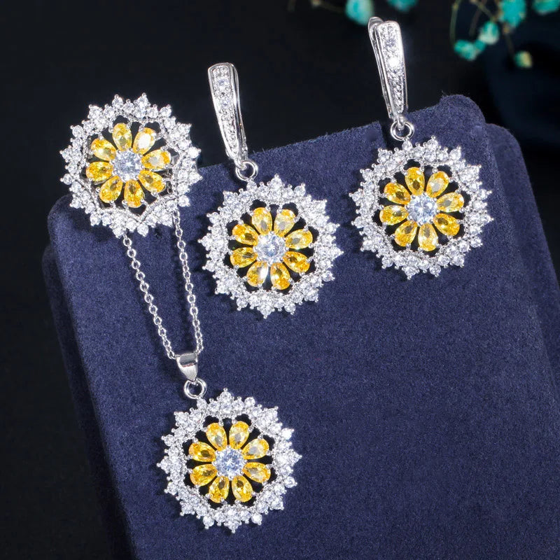 Yellow flower cubic zirconia jewelry set with silver hoop earrings and pendant necklace