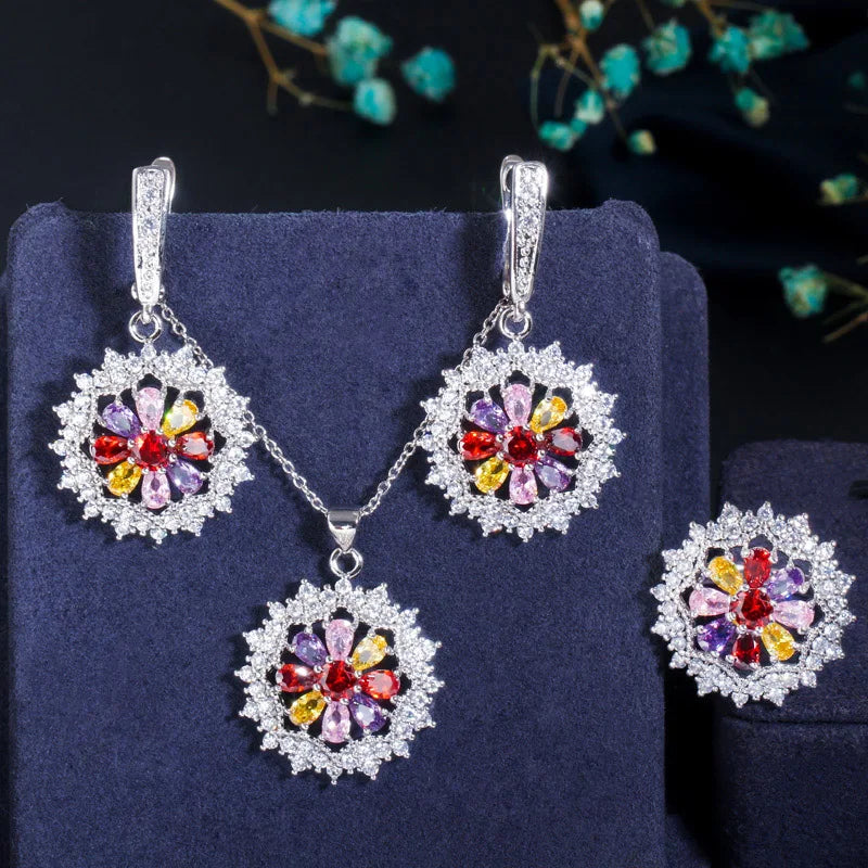 Multicolor flower cubic zirconia jewelry set with silver hoop earrings and pendant necklace