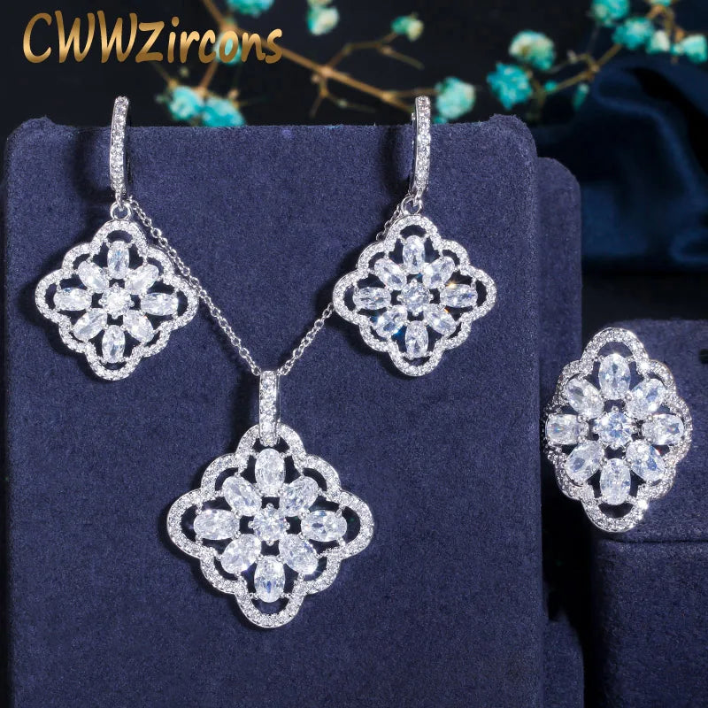 Silver-tone floral zircon jewelry set with pendant necklace, drop earrings, and ring
