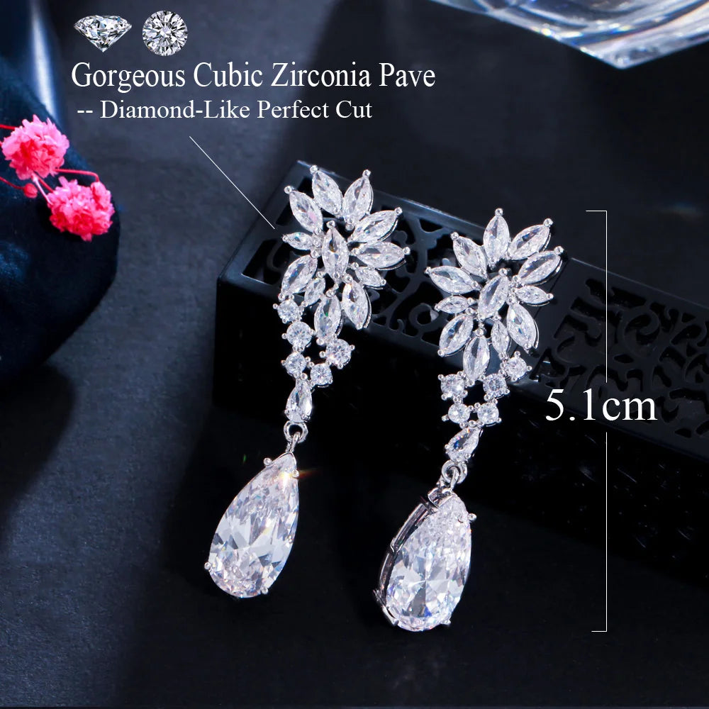 Bling Bling Cubic Zirconia Marquise Cut Leaf Long Water Drop Earrings for Women Wedding Bridal Jewelry