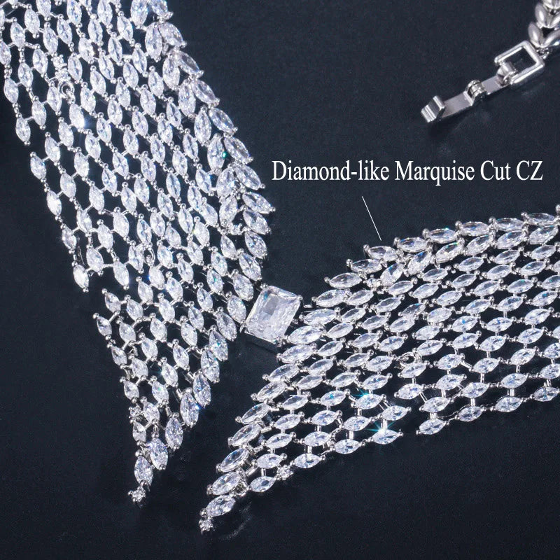 Close-up of marquise-cut zirconia stones and clasp on the feather necklace