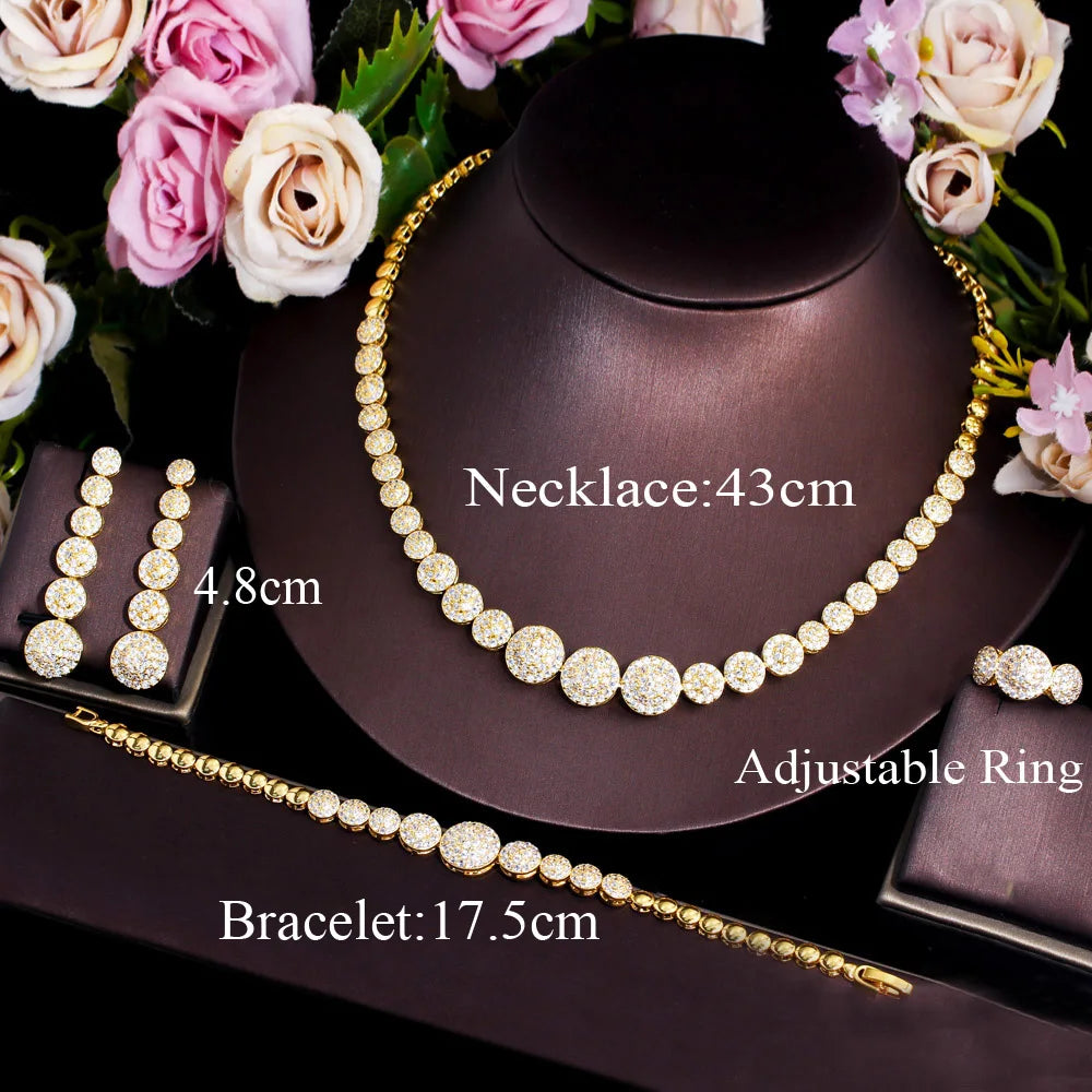Gold-tone CZ jewelry set with necklace, drop earrings, bracelet and adjustable ring