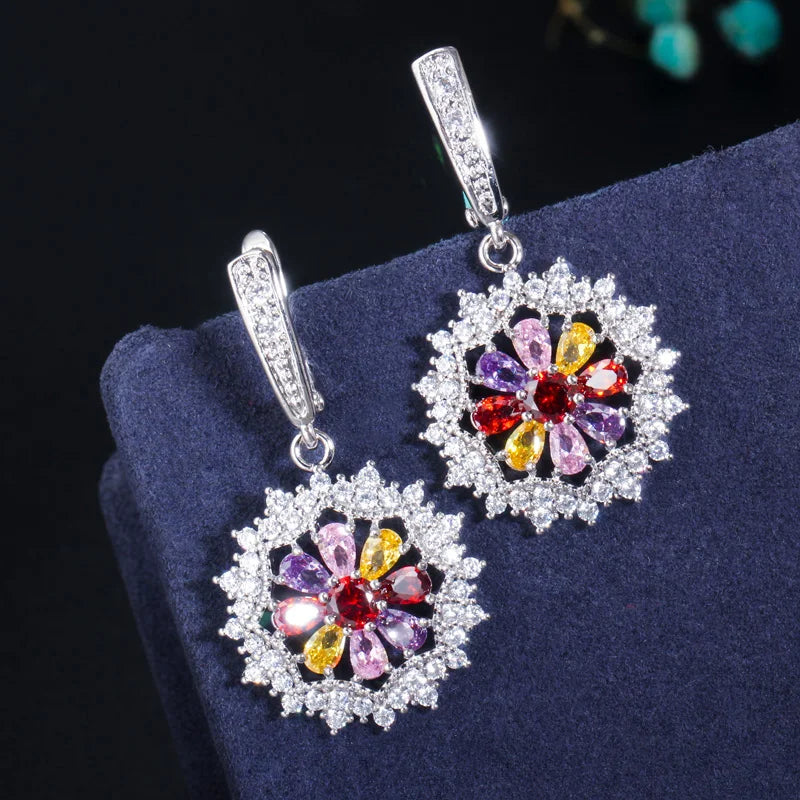 Multicolor flower cubic zirconia jewelry set with silver hoop earrings and pendant necklace