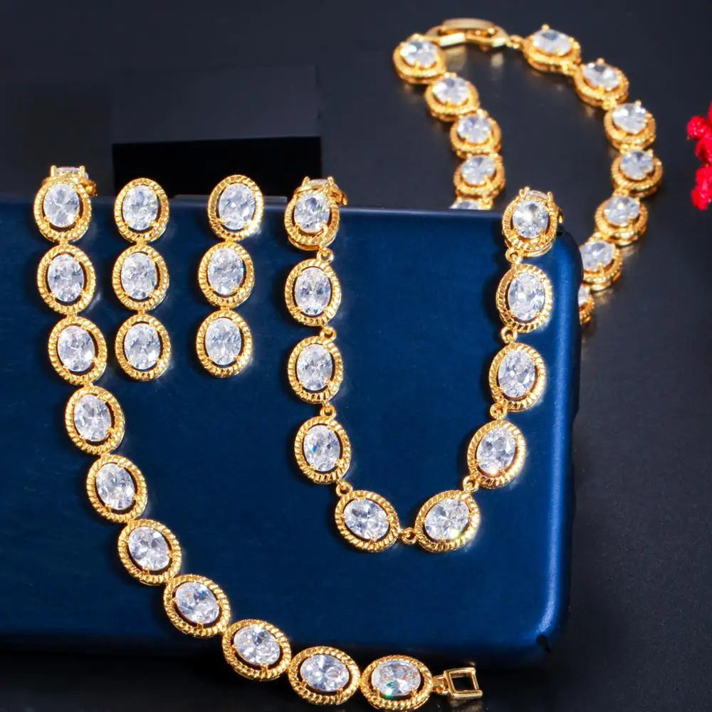 Gold-tone oval clear zircon necklace and long drop earrings