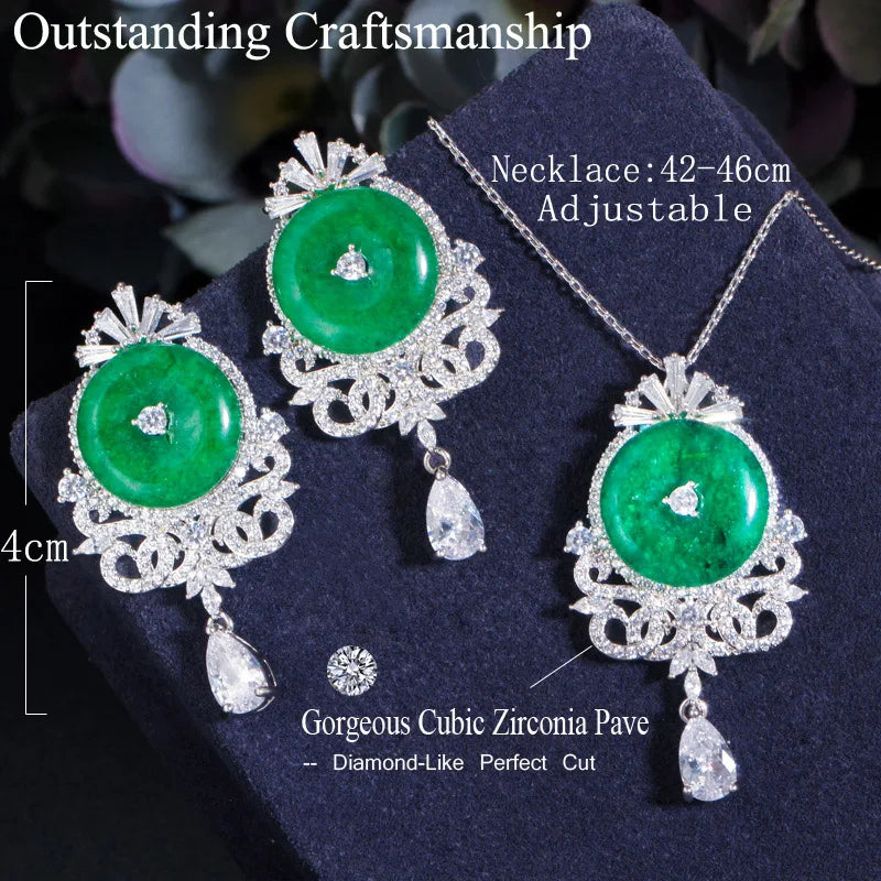Green jade pendant necklace and earrings set with zircon accents