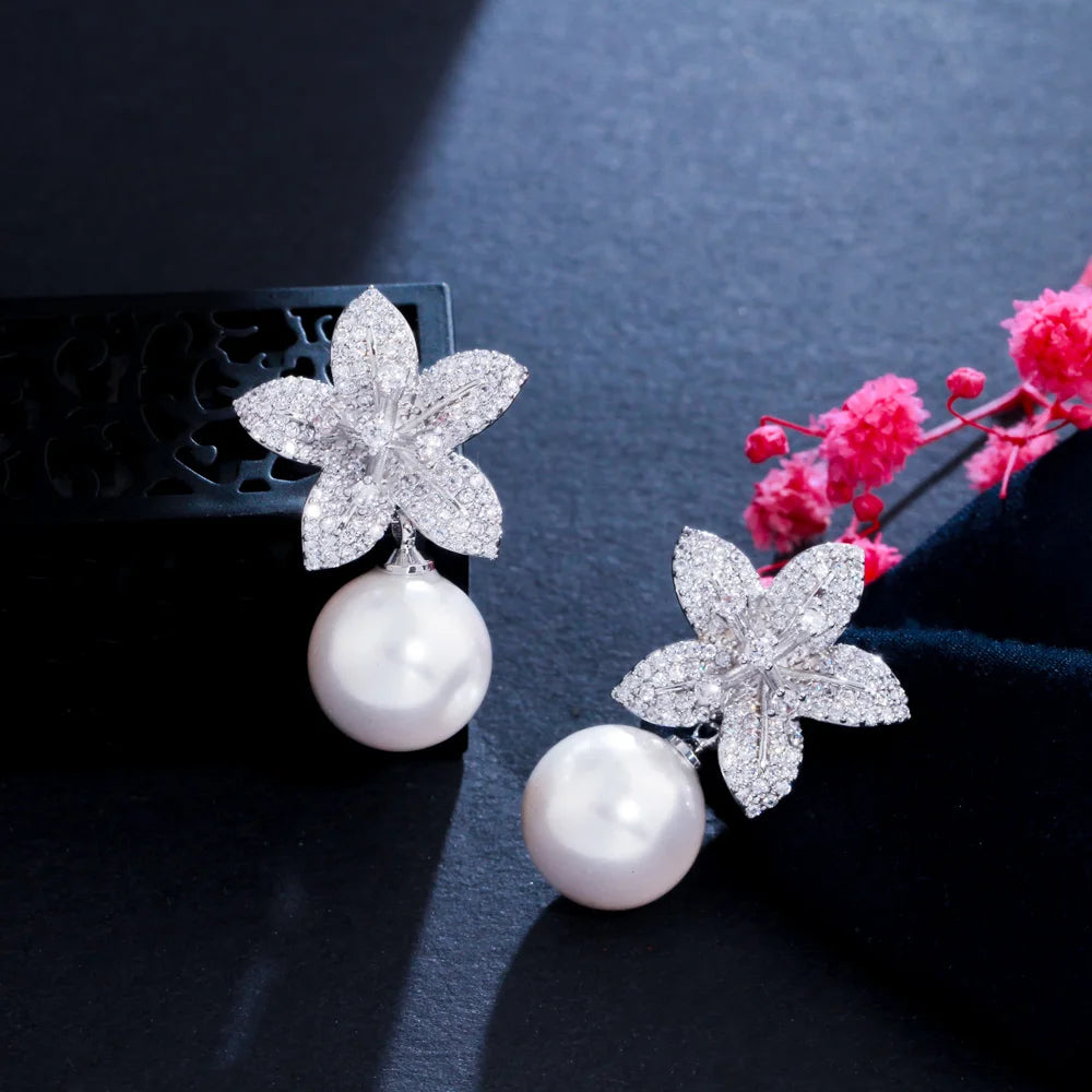 Fashion Dangle Pearl Cubic Zirconia Geometric Flower Drop Earrings for Women Daily Wear Jewelry