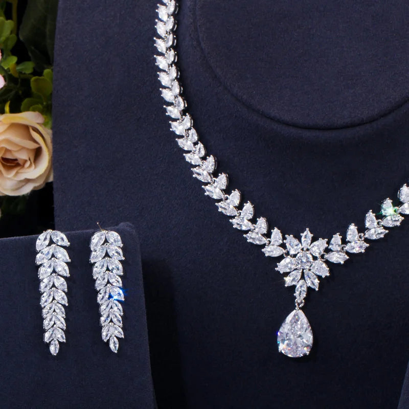 Sparkling CZ necklace with teardrop pendant and marquise drop stud-style earrings