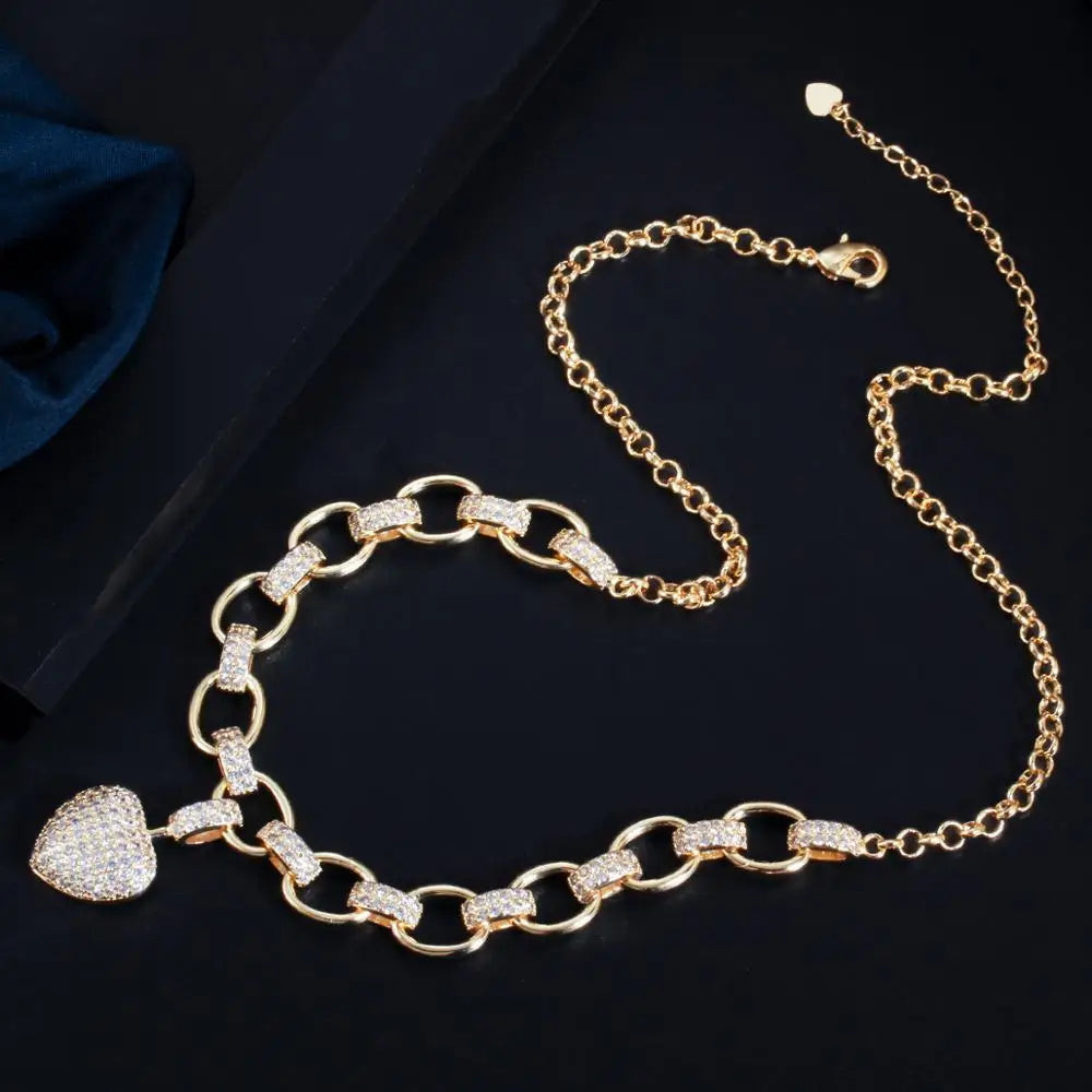 585 Gold Color Cubic Zirconia Dangle Love Heart Charm Bracelet Pendant Necklace Women Costume Jewelry Set