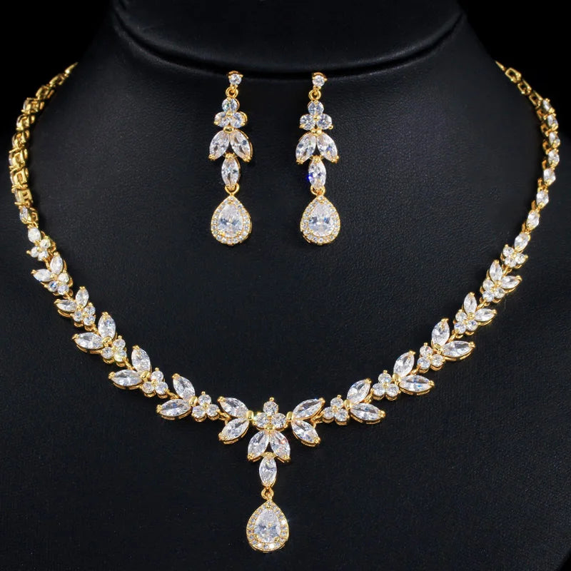 Gold-tone cubic zirconia necklace and matching marquise leaf drop earrings