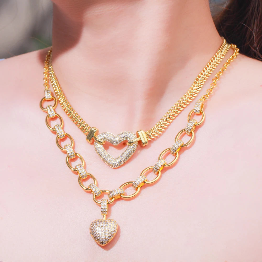 585 Gold Color Cubic Zirconia Dangle Love Heart Charm Bracelet Pendant Necklace Women Costume Jewelry Set
