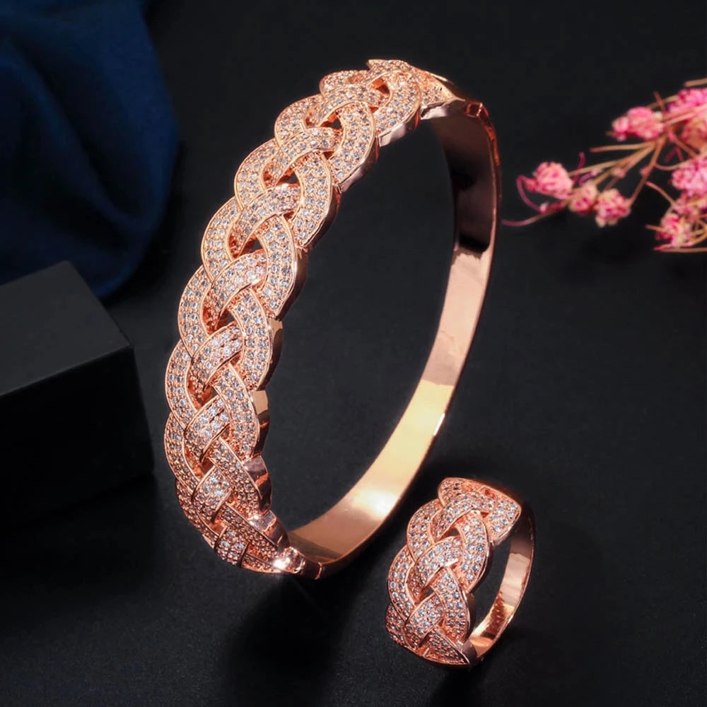 Rose gold CZ bangle bracelet with matching link ring, open cut design