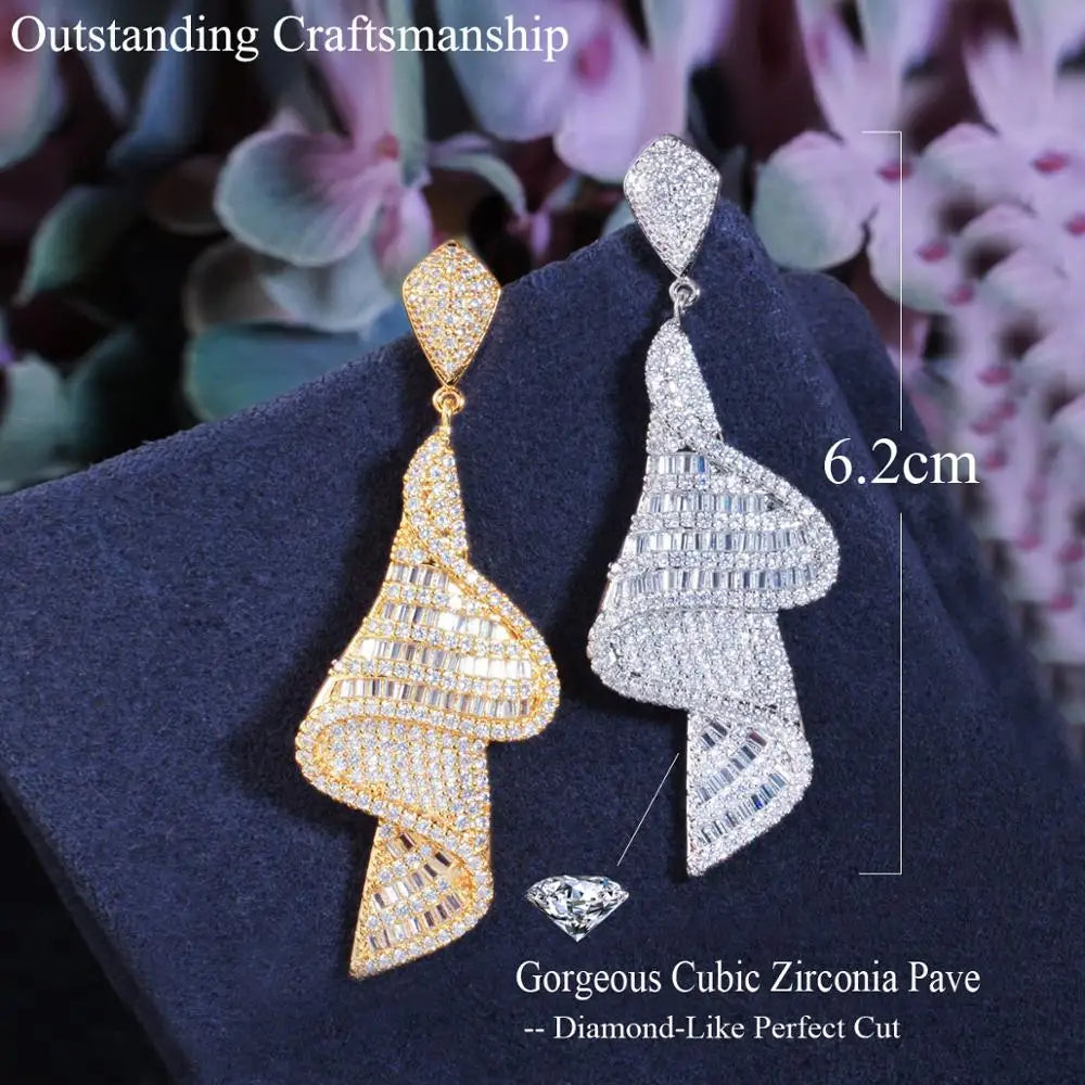 Big White Cubic Zirconia Long Drop Earrings for Women Geometric Sparkling Fancy Bridal Jewelry