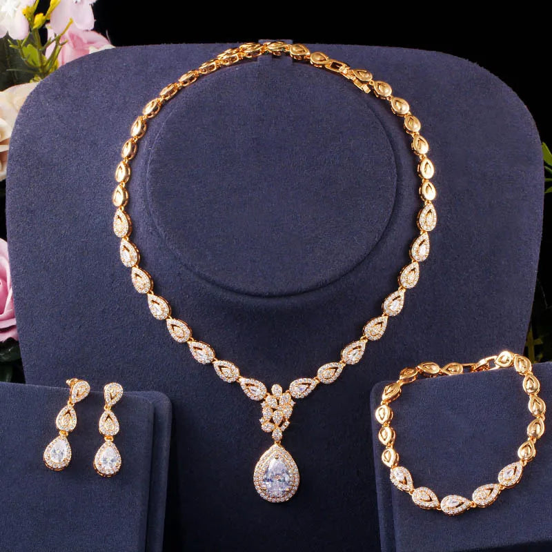 Luxury Cubic Zirconia Gold Color Wedding Party Costume Bride Jewelry Sets For Women