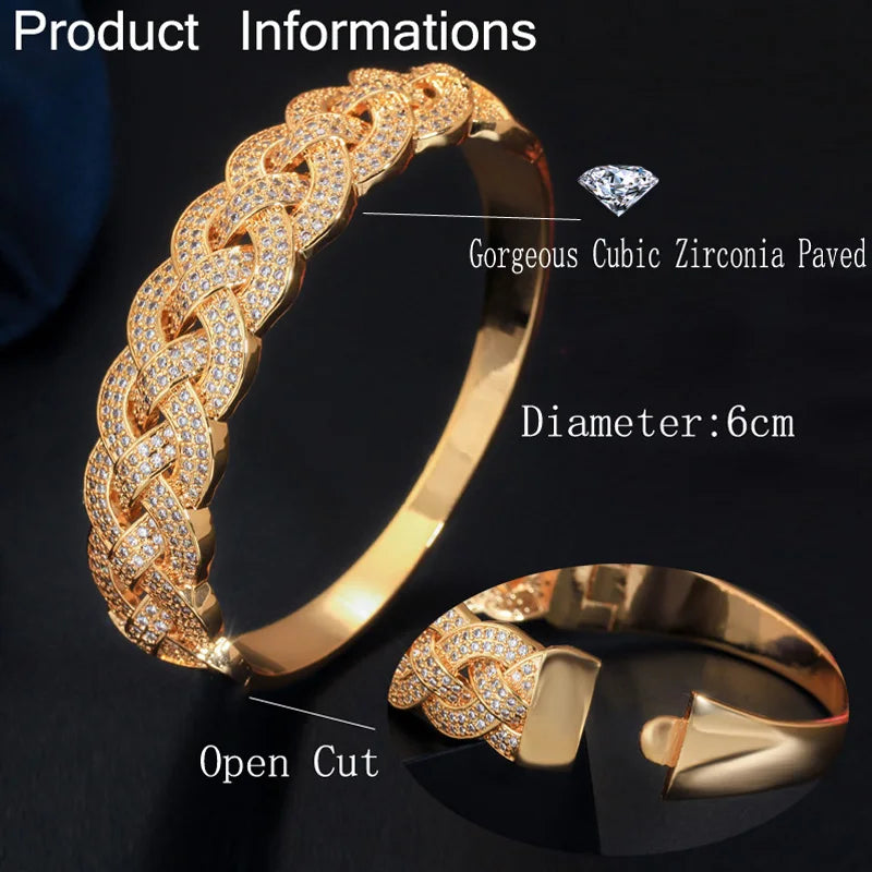 Yellow gold CZ bangle bracelet with matching link ring, open cut design