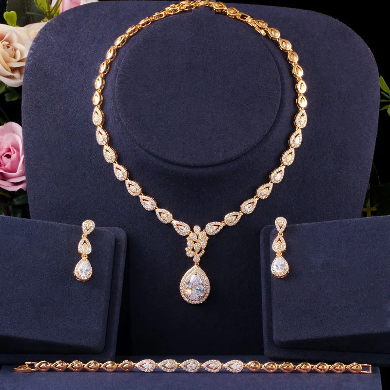 Luxury Cubic Zirconia Gold Color Wedding Party Costume Bride Jewelry Sets For Women