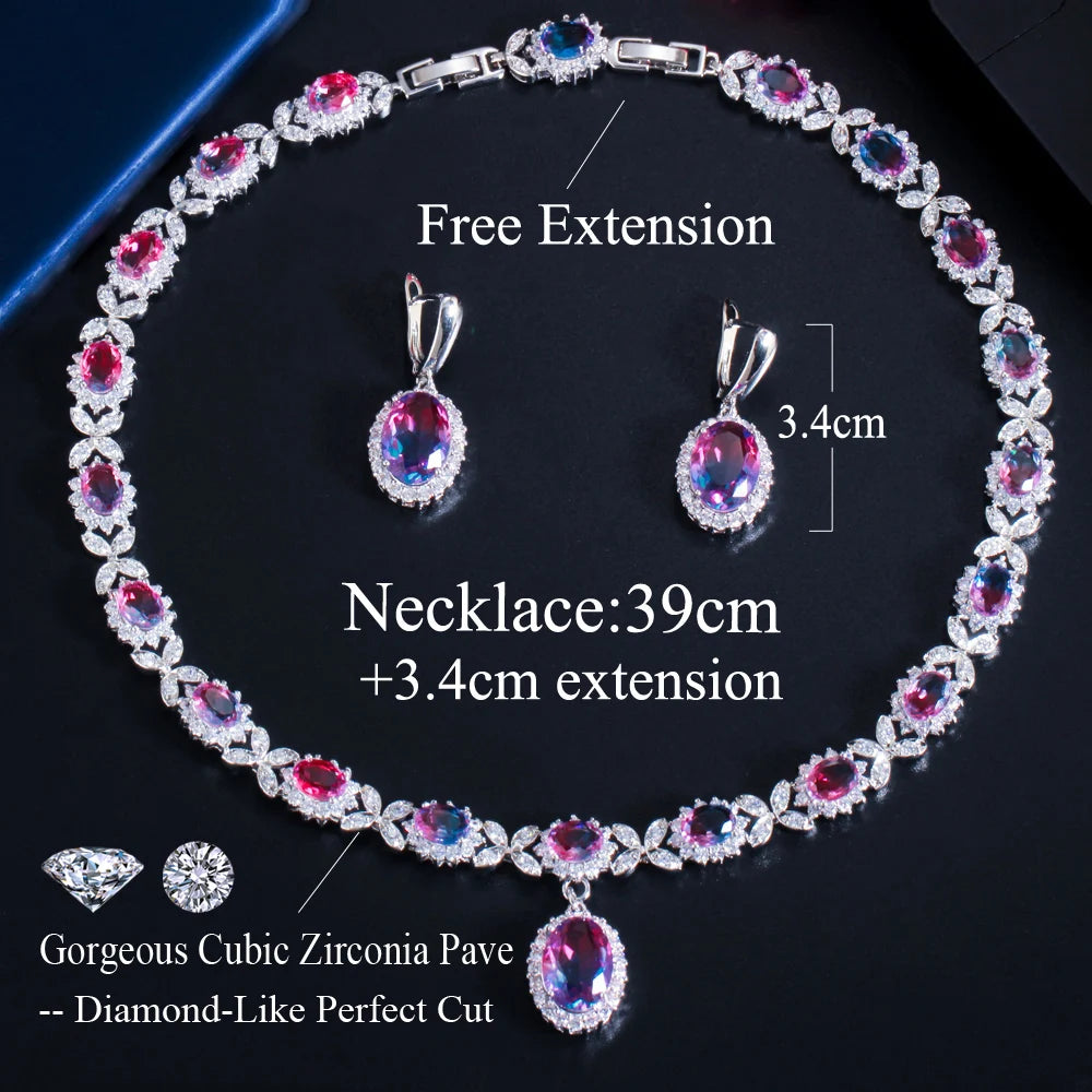 CZ gradient oval necklace with matching drop earrings, silver-toned halo stones