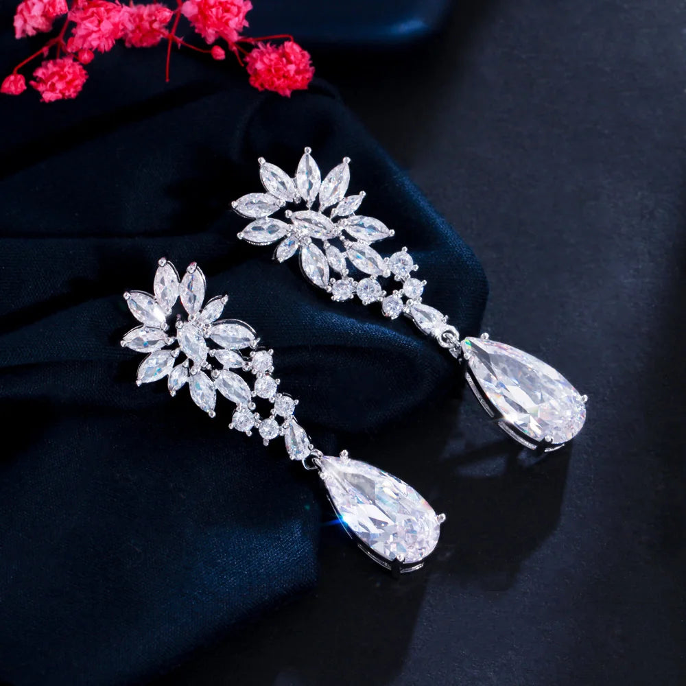 Bling Bling Cubic Zirconia Marquise Cut Leaf Long Water Drop Earrings for Women Wedding Bridal Jewelry