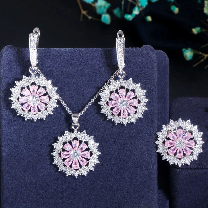 Pink flower cubic zirconia jewelry set with silver hoop earrings and pendant necklace