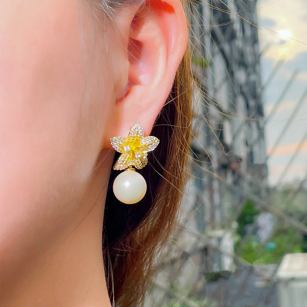 Fashion Dangle Pearl Cubic Zirconia Geometric Flower Drop Earrings for Women Daily Wear Jewelry