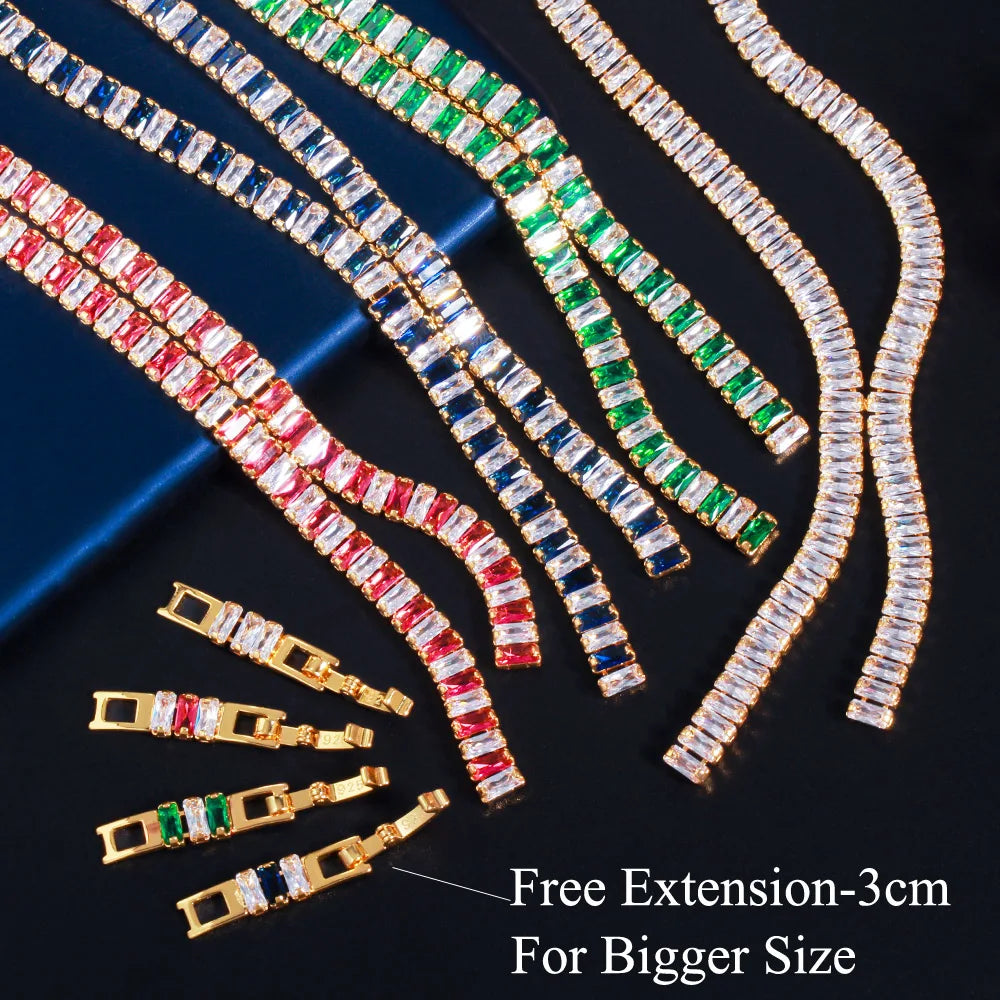 Baguette zircon necklace and earrings in red, blue, green, and clear, with extension chains