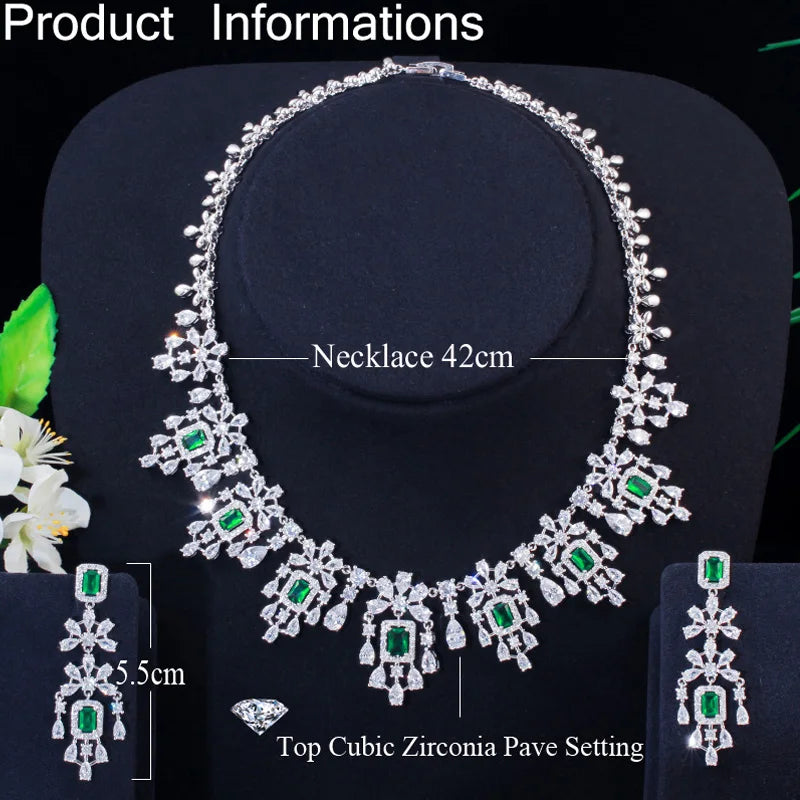 Green cubic zirconia necklace and earrings set with floral pendant design