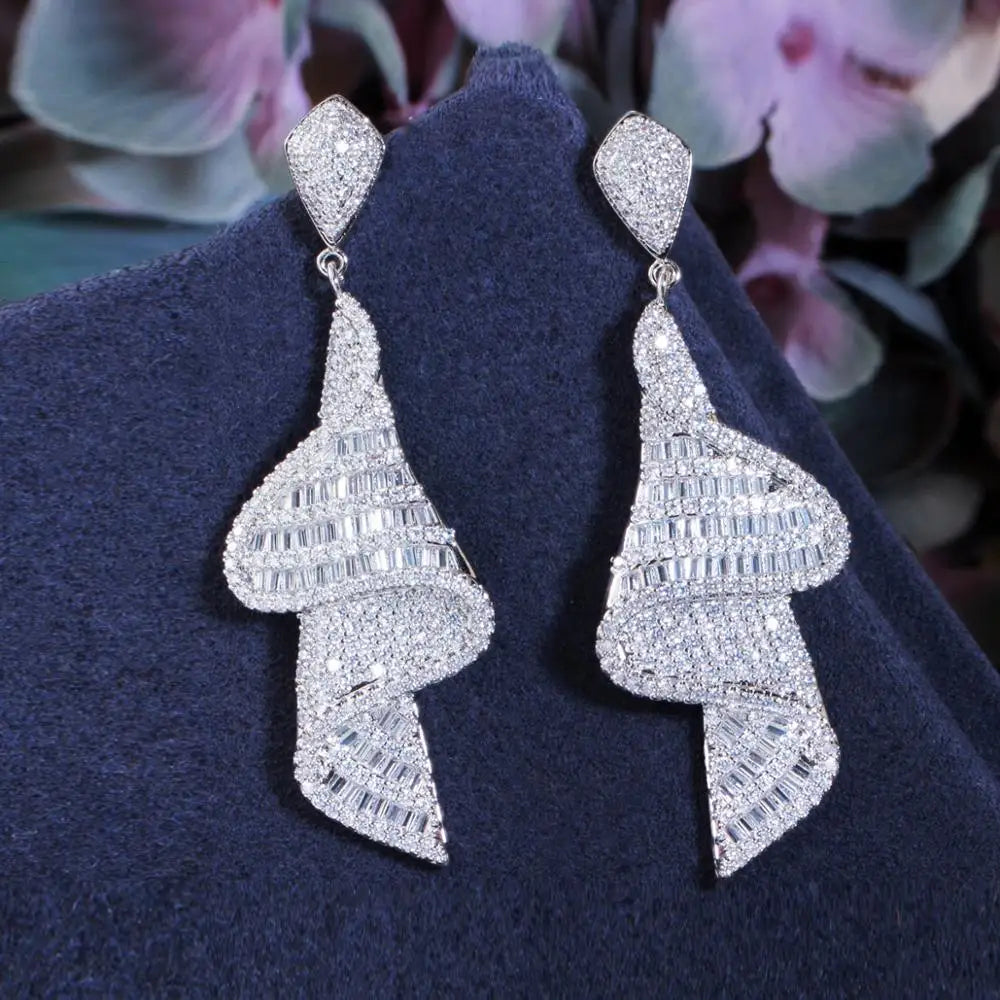 Big White Cubic Zirconia Long Drop Earrings for Women Geometric Sparkling Fancy Bridal Jewelry