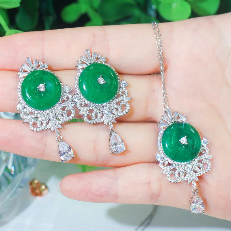 Green jade-style jewelry set with zircon-studded pendant necklace and drop earrings