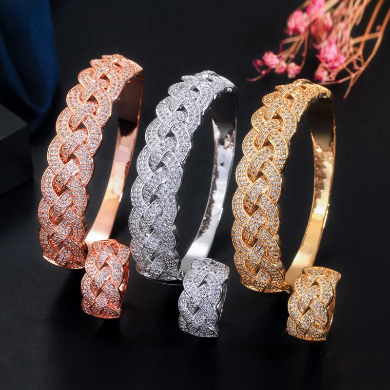 Gold-tone CZ bangle bracelet trio with matching rings in rose, silver, and yellow colors