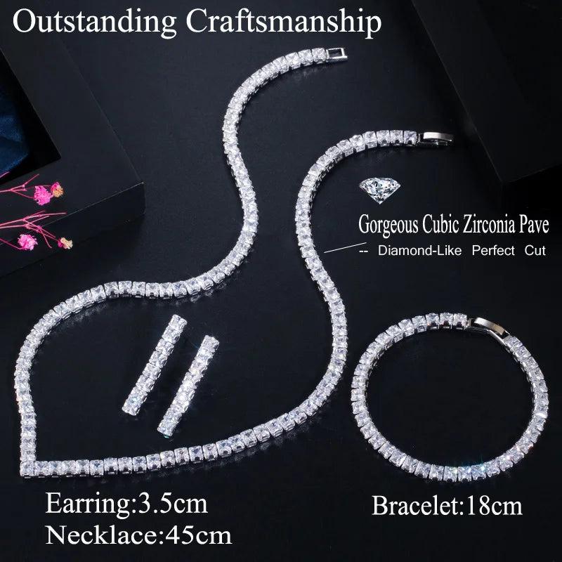 Silver-tone cubic zirconia jewelry set; necklace, bracelet and earrings with length details