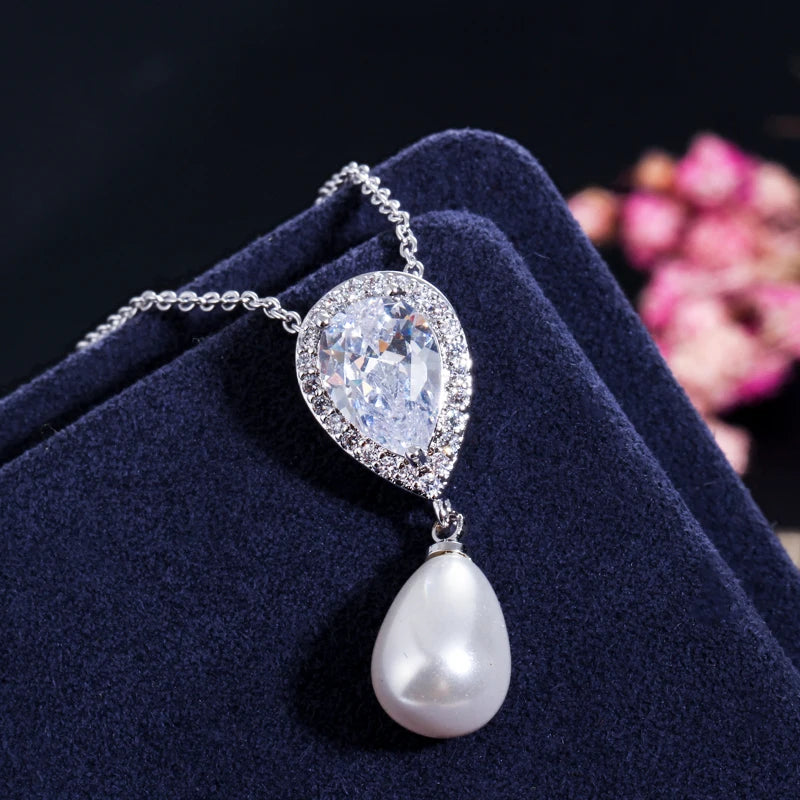 Heart CZ pendant necklace with white teardrop pearl drop, matching dangling earring