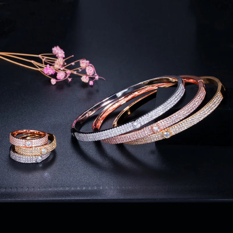 Round bangle and ring set in rose gold and silver with rhinestone accents