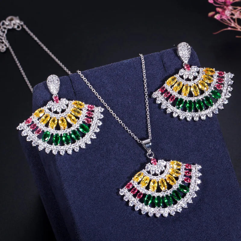Fan-shaped CZ jewelry set with multicolor stones, pendant necklace, and matching drop earrings