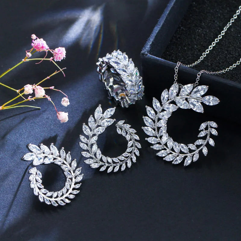 Leaf CZ hoop earrings and matching ring, plus necklace chain with marquise stones