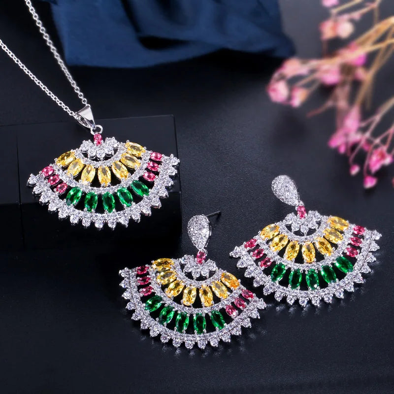 Fan-shaped CZ pendant necklace and matching multicolor drop earrings