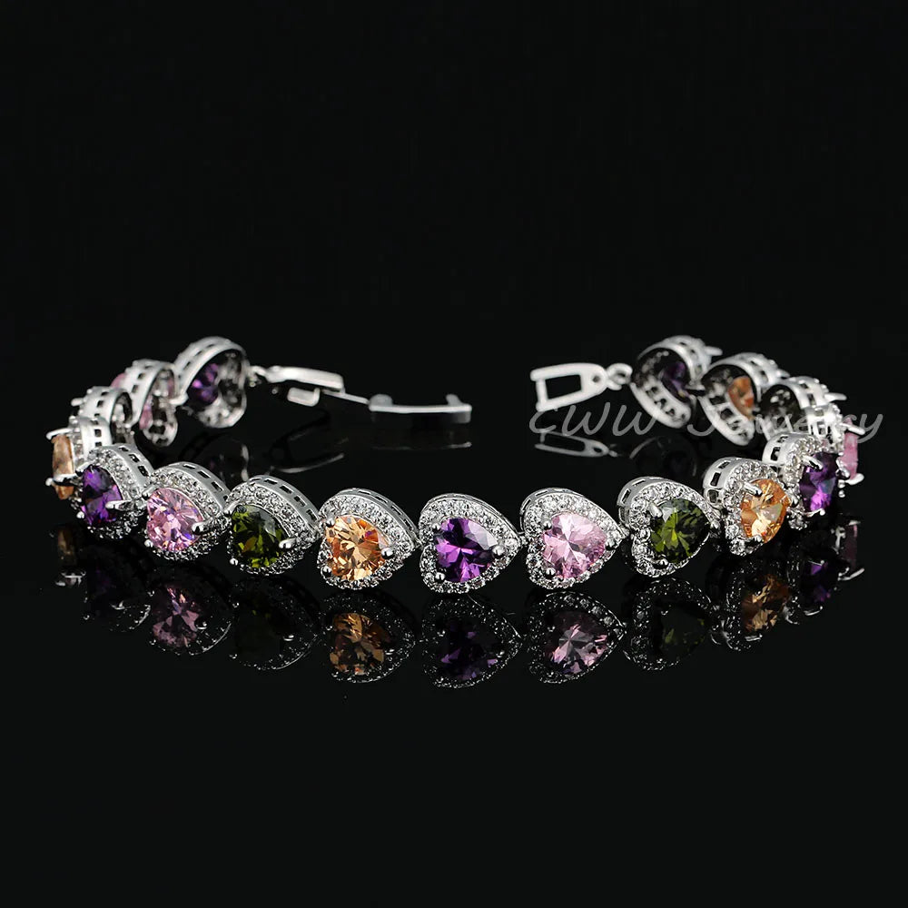 Silver-tone bracelet with multicolor heart crystals in halo settings