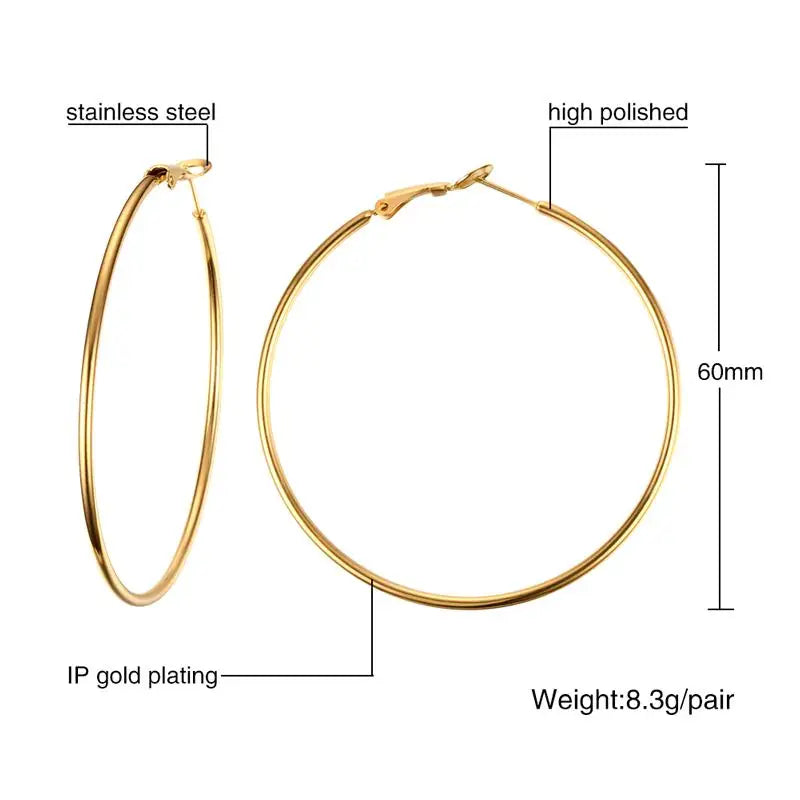 60 mm gold-tone stainless steel hoop earrings with a polished finish.