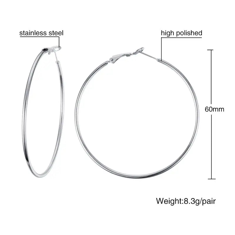 60 mm silver-tone stainless steel hoop earrings with a polished finish.