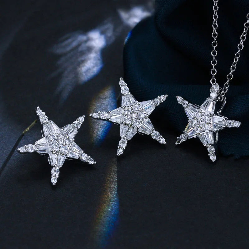 Silver-tone star necklace and matching cubic zirconia stud earrings