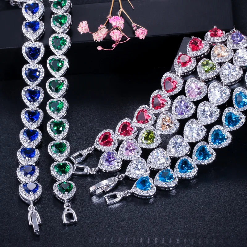 Heart crystal bracelet styles in blue, green, red, and mixed colors
