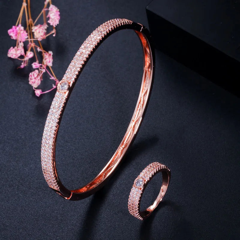 Rose gold crystal bangle bracelet and matching ring set