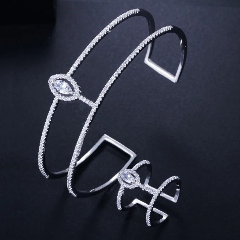 CZ double open cuff bangle set with matching open ring, white stones