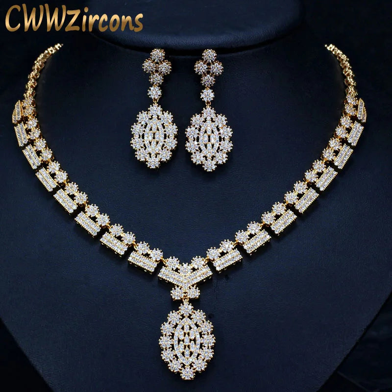 Gold-tone zirconia necklace with teardrop pendant and matching drop earrings