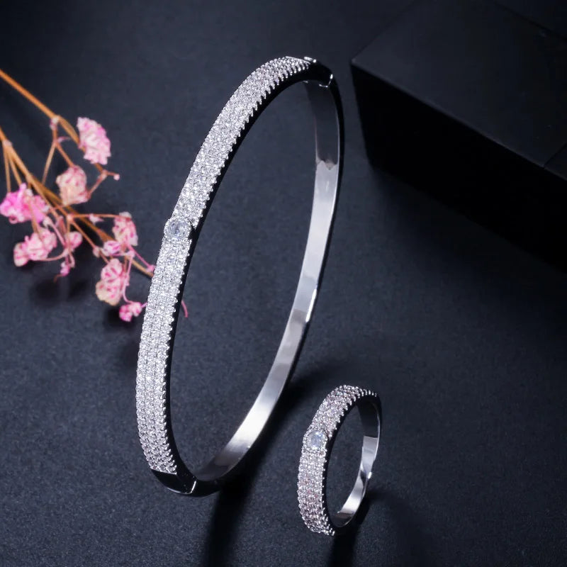Silver-tone crystal bangle and matching ring set