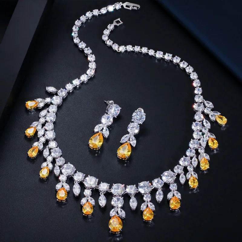Luxury Tassel Drop Chunky Cubic Zirconia Wedding Party Bride Necklace and Earring Jewelry Sets