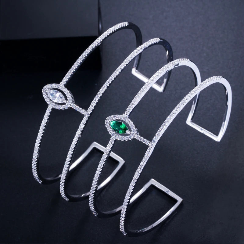 CZ double open cuff bangle set with matching open ring, green center stones