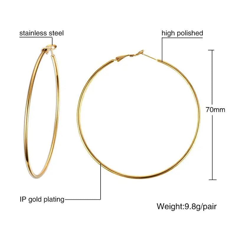 70 mm gold-tone stainless steel hoop earrings with a polished finish.