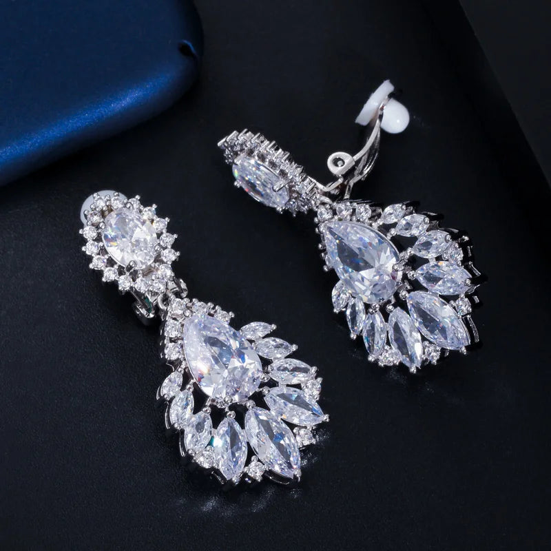 Silver-toned CZ drop earrings with oval center and marquise stones in cascading fringe