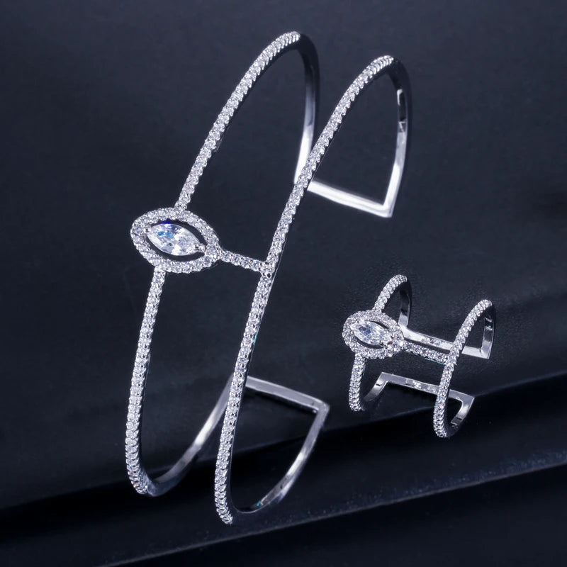 CZ double open cuff bangle with matching open ring, blue-toned stones