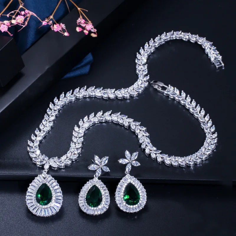 Green teardrop zircon necklace and matching flower-stud earrings